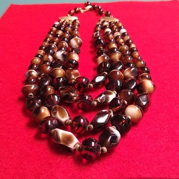 Faux Tiger Eye Graduated Shapes  & Sized Beads Multiple Strands Gold Tone - Picture 5 of 11